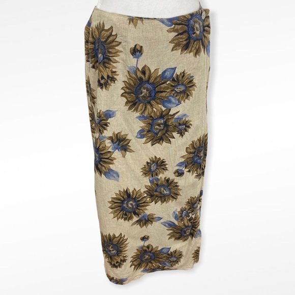 Vintage Tan Blue Linen Blend Floral Wrap Front Skirt - Picture 1 of 7